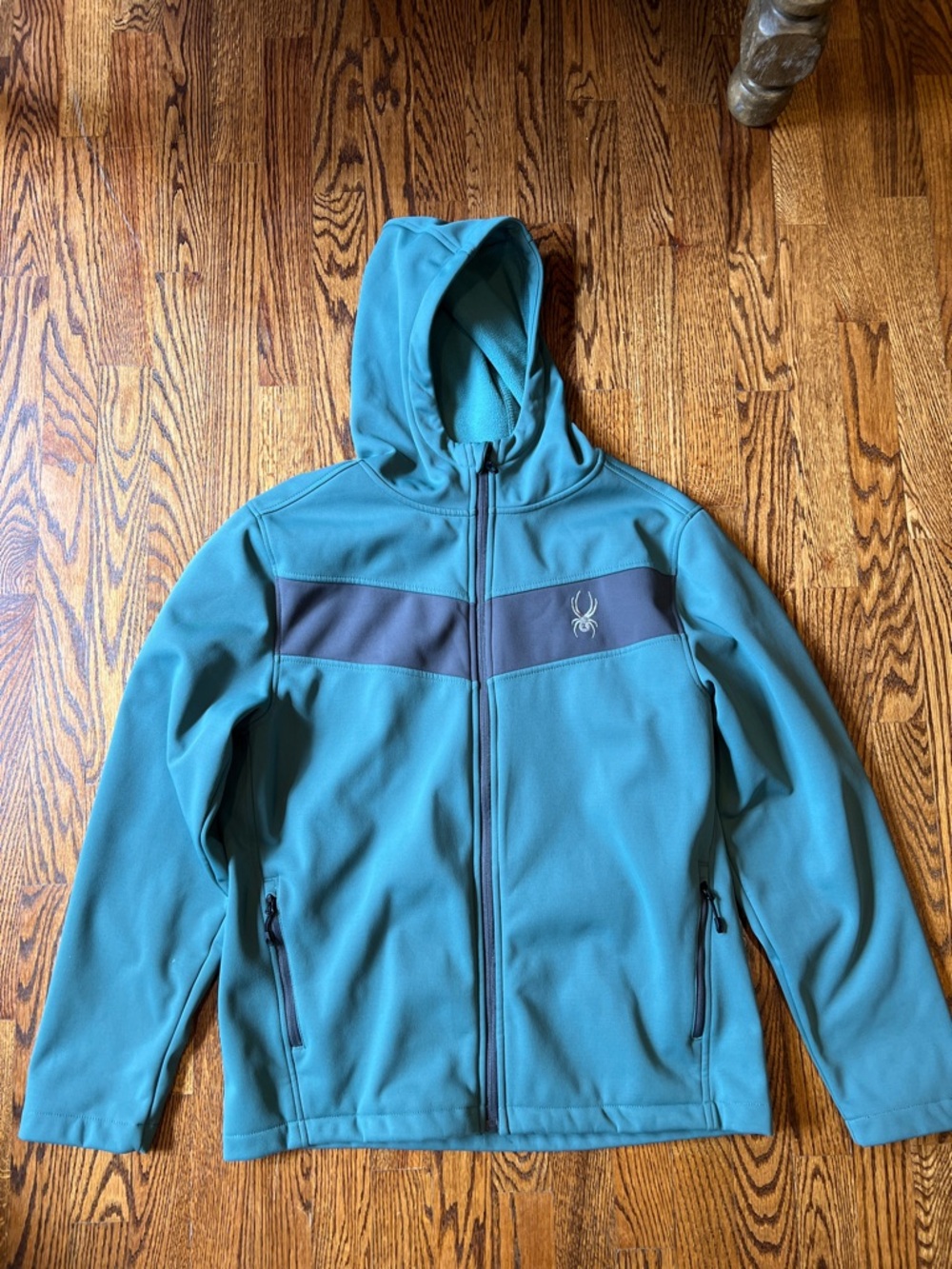Spyder Teal Hooded Softshell Jacket with Gray Chest Stripe
